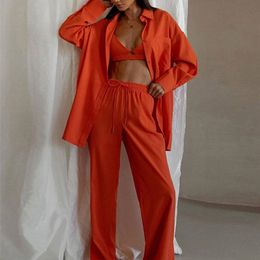 Women's Two Piece Pants Cotton Shirt Long Set Female Single-breasted Lapels Sleeve Suit High Waist Lace Up Slit Wide Leg 220919