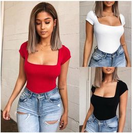 Women's Two Piece Pants Women's Sexy Romper Women Bodysuit Short Sleeve 2022 Summer Solid Jumpsuits Club Square Neck Bottoming Shirt