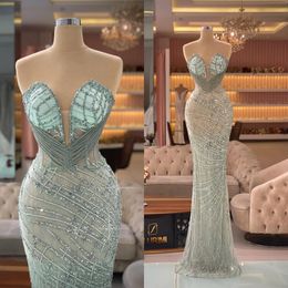 Dusty Blue Mermaid Prom Dresses Beaded Lace Party Dresses Illusion Sweetheart Custom Made Evening Dress