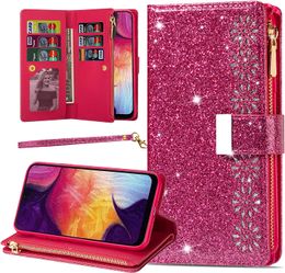 Bling Glitter Sparkly PU Leather Flip Phone Cases for iphone 14 11 12 13 Pro Max Xr Xs 7 8 With 9 Card Holder Magnetic Protective Cover