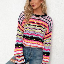 Women's Sweaters Aproms Multi Color Blocked Knitted Pullover Women Summer Casual Flare Sleeve Hollow Out Sweater Cool Girls Fashion Jumper 220916