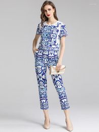 Women's Two Piece Pants MoaaYina Fashion Designer Set Summer Women Short Sleeve Beading Blue And White Porcelain Print Tops Two-piece