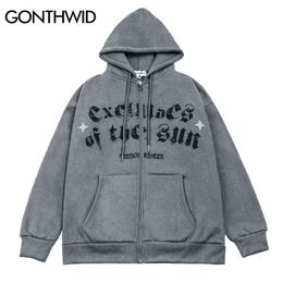 Men's Jackets Hip Hop Winter Jacket Streetwear Vintage Print Distressed Fleece Zipper Hooded Coats Mens Cotton Gothic Punk Jackets Black Gray T220914