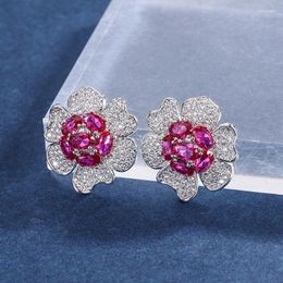 Stud Earrings 2022 Trend Vintage High Carbon Diamond Ruby Gemstone Flower-Shaped For Women 925 Sterling Silver Female Jewellery Gift