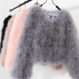 Women's Fur Faux sexy Ostrich wool turkey real fur women black coat genuine feather short plus size 5XL 7XL winter festival long sleeve jacket 220916