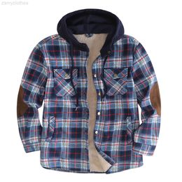 mens sherpa UK - Men's Cotton Plaid Shirts For Men Fleece Lined Flannel Shirt Winter Thick Sherpa Button Down Jackets With Hood