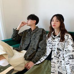 Men's Casual Shirts Long Sleeve Anime Print Jeans For Men 2022 Fashion Couples Clothing Teenages Oversized Denim Blouses Harajuku Streetwear