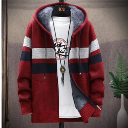 Winter Warm thick fleec men's knit sweaters Jacket Men Trench Coat Casual Knitted Hooded Cardigan Zip Plush Colour Block Coat Long Sleeve outwear clothes