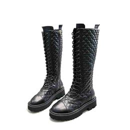 Luxury Brand Womens Knee Boots Autumn and Winter Squeare Heel Knight Lace Up Outdoor Rain Shoes Size 35-41