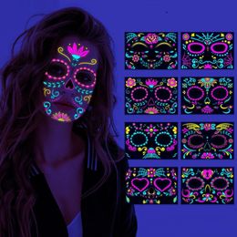 Fluorescent Halloween Face Tattoo Sticker Day of the Dead Party Makeup Funny Temporary Neon Face Sticker for Festival Masquerade RRB15537