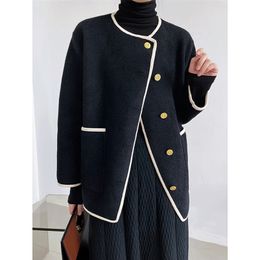 Women s Jackets Vintage Woolen Coat O Neck Loose Single Breasted Jacket Spring Autumn Korean Fashion Black Female 2587 220916