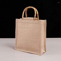Duffel Bags Portable Burlap Jute Shopping Bag Handbag Bamboo Loop Handles Tote Grocery For Women Girls