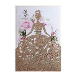 Greeting Cards 50Pcs Laser Cut Elegant Bride Roses Wedding Invitation Card Cover Supply Glitter Paper Cards Birthday Party Decorations Favors 220919