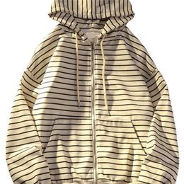 Women's Hoodies Sweatshirts Zip Up Women Korean Style Hoodies For Girls Top Vintage stripe Long Sleeve Oversized Hooded Sweatshirt Jacket Casual Large Coats 220919