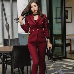 Women's Two Piece Pants ZAWFL Work Pant Suits 2 Set For Women Double Breasted Wine Red Slim Casual Blazer Jacket Lady Business Office Suit