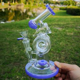 Unique Double Recycler Bongs Slitted Donut Perc Hookahs Sidecar Thick Glass Water Pipes Coloured Mouthpiece Dab Rigs Purple Green 14MM Joint With Bowl