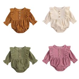 Rompers 0-18M born Baby Girls Boys Button Ruffles Long Sleeve Solid Jumpsuits Clothing 220919