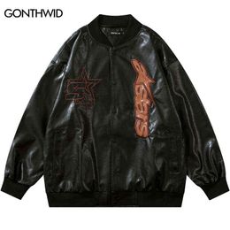 Men's Jackets Men Leather Jacket Vintage Embroidery Letter Faux Leather Motorcycle Biker Bomber Jacket Hip Hop Casual Streetwear Black Brown T220914