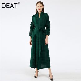 Women's Wool Blends DEAT Autumn Fashion Pleated Coat Solid Full Sleeve V-neck Loose Elegant Long Length Sashes Slim Ruffles TX803 220919
