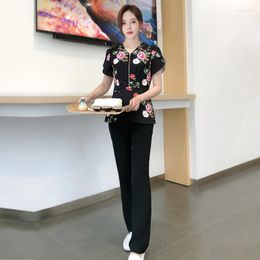 Women's Two Piece Pants Sauna Foot Bath Women Work Uniforms Suits Beauty Salon Floral Print Workwear Spa Massage Short Sleeve Working