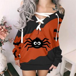 Casual Dresses For Women Halloween Prints Sweatshirt Off Shoulder Strappy Long Sleeves Loose Woman plus Size Sleeve Tops 220919