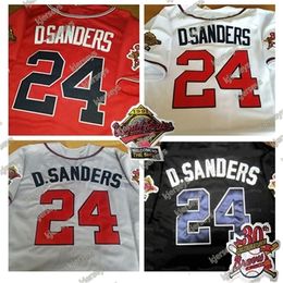 GlaWNiK1 Custom 1995 24 DEION SANDERS DUAL PATCH Altanta 1995 Wrold Series Baseball Jersey Black Red White Grey top