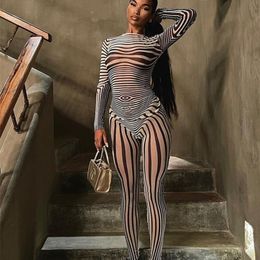 Women's Two Piece Pants Kliou Mesh Striped Set Women Sheath Body-Shaping High Street Sexy Hipster Long Sleeve O-Neck Female Streetwear Outfits 220919