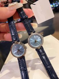 Vintage Zircon Quartz Calendar Watch Women Geometric Genuine Leather Date WristWatch Silver Blue Diamond Dial Female Clock 26mm