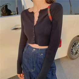 Women s Knits Tees Korean Style O neck Short Knitted Sweater Thin Cardigan Fashion Open Front Button Up Sleeve Sun Protection Crop Top 220919