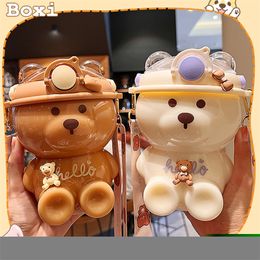 Water Bottles 1000 ML Kawaii Bear Kids Straw Water Bottle For Girls Portable Strap Large Plastic Bottles BPA Free School Drinking Water Cup 220919