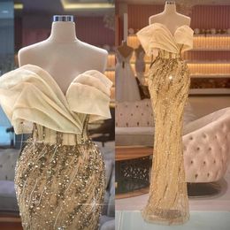 Gorgeous Gold Mermaid Prom Dresses Off the Shoulder Party Dresses Sequined Pleats Floor Length Custom Made Evening Dress