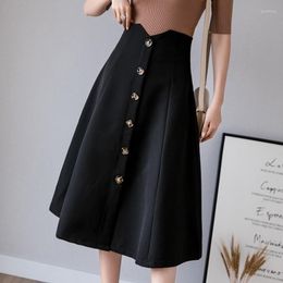 Skirts High Waist Elegant Swing A Line Womens 2022 Solid Color Black Work Wear Office Ladies Skirt Single-Breasted Vintage 21065