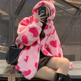 Women s Jackets 90s Harajuku Heart shaped Print Plush Jacket Women Winter Korean Large Size Long Sleeve Hooded Coat Thick Warm Couple Streetwear 220916