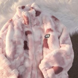 Women's Trench Coats Warm Cotton-padded Jacket Men And Women Streetwear Trendy Brand Tie-dye Loose Couple Wear Lamb Velvet Winter