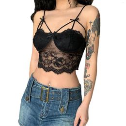 Women's Tanks Women Attractive Sheer Camisole Black Spaghetti Strap Hollow Out Lace Cropped Tops S/ M/ L