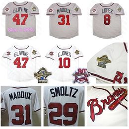 GlnNiK1 1995 World Series Jersey Bobby Cox Javy Lopez Chipper Jones David Justice Smoltz Tom Glavine John Rocker Maddux White Grey Size S-4XL