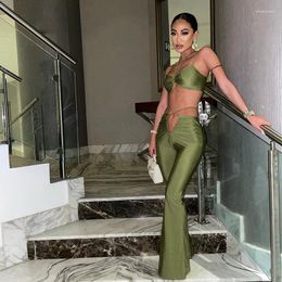 Women's Two Piece Pants Green Sexy Bandage Short Top And Flare 2 Sets Summer Fashion Club Outfits Women Matching