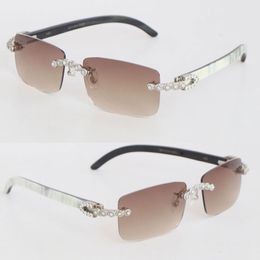 Model Hand-made Carats Diamond Set Rimless Sunglasses Womans White Inside Black Buffalo Horn Men Famous 8200757 Sun Glasses Male and Female 18K Gold Size 57