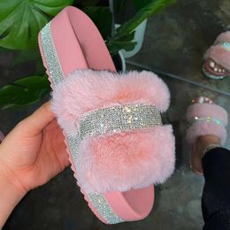 pink fur shoes UK - Summer Slippers Woman Faux Fur Slides Rhinestone Furry Pink Shoes Pantufas De Pelucia De Bi Fluffy Sliders Plush Slippers248t