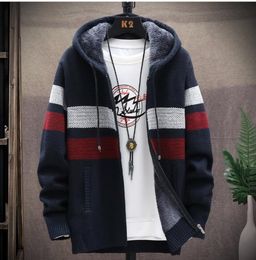 2023 Winter Warm thick fleec men's knit sweaters Jacket Men Trench Coat Casual Knitted Hooded Cardigan Zip Plush Color Block Coat Long Sleeve outwear