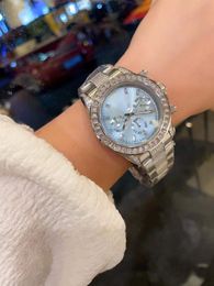 Famous Multi-function Quartz Sport Watch Women Stainless Steel Ice Diamond WristWatch Lady Geometric Zircon Strap Watches Female Clock Blue Dial Waterproof