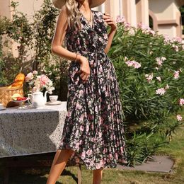 -Vestidos casuais The 2022 Summer European e American Vintage Floral Print Black Maxi DressCasual