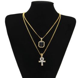 Whole-New Designer Egyptian Ankh Key of Life Bling Rhinestone Cross Pendant With Red Ruby Pendant Necklace Set Men Hip Hop Jewelry270c