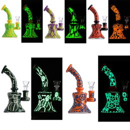 Halloween Style Glow in the Dark Hookahs 4mm Thick Heady Glass Beaker Bongs Octopus Water Pipes Showerhead Perc Oil Dab Rigs 14mm Female Joint With Bowl