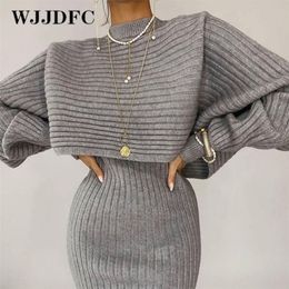 Two Piece Dress Women Elegant Slim Sets Female Sweater Autumn Winter High Waist Knitted Ensemble Femme Medium Long Party es 220919