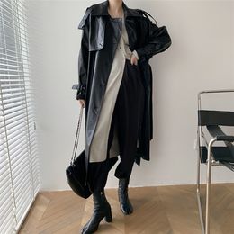 Women's Wool Blends Korea Runway Designer Fall Autumn leather Maxi Long Trench Coat With Belt Chic Female Windbreaker Classic 220919