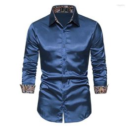 Men's Casual Shirts Men's Mens Silk Satin Button Up 2022 Fashion Patchwork Paisley Long Sleeve Dress Shirt Men Party Wedding Prom Male