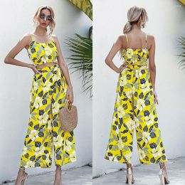 Women's Two Piece Pants Women Fashion Camisole Crop Top Wide Leg Floral Print Set Outfit