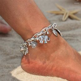 Anklets Huitan Boho Elephant Chain Ankle For Women Metal Silver Color/Gold Colour Heart Charms Bracelet On The Leg 2022 Jewellery