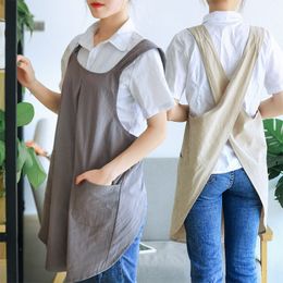 Aprons Simple Japanese style cotton and linen apron women's home comfortable overalls flower shop retro exquisite lace-free bib90x72x27 220919